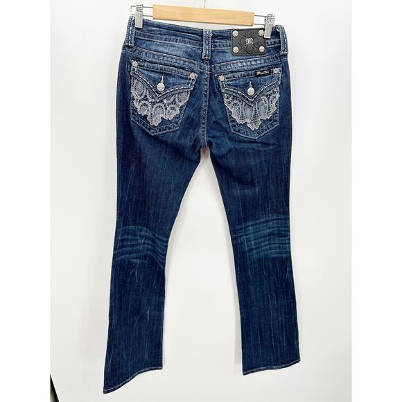 Miss Me Bootcut Jeans Lace Sequin Flap Pockets Denim Dark Wash Womens Size 27 - Picture 2 of 9